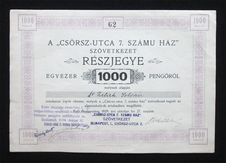 Csörsz utca 7. Számú Ház Szövetkezet részjegy 1000 pengő 1929